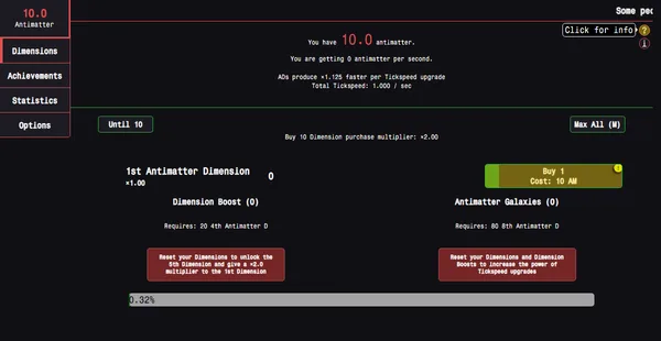 A near black screen of centred monospaced text. It reads 10.0 antimatter, 0 antimatter per second, above a single row for the 1st Antimatter Dimension and a lit Buy 1 button costing 10 AM. Two dark red panels below offer a Dimension Boost and Antimatter Galaxies, both locked behind requirements.